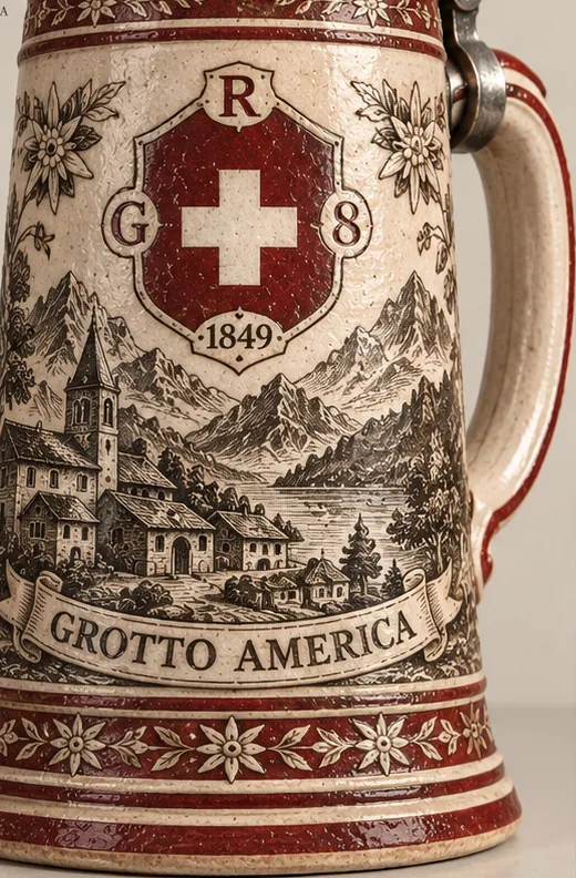 Boccale in ceramica bianco e rosso con lo stemma GR8 1849 e un paesaggio ticinese inciso
