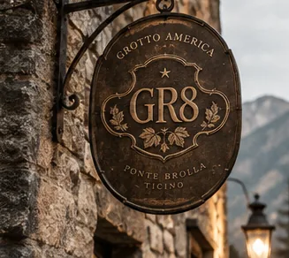 Insegna ovale GR8 in ferro battuto sulla facciata di pietra